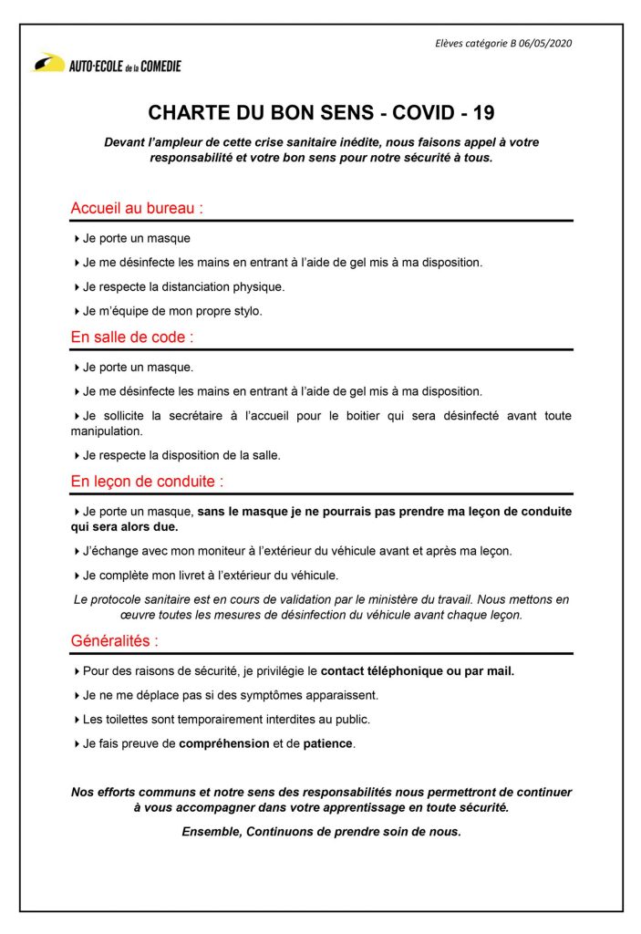 chartre covid 19 auto ecole